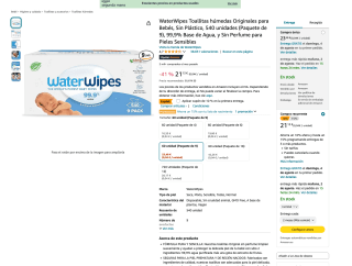 9 Paquetes WaterWipes Toallitas húmedas para Bebés 540 unidades por 18,78€