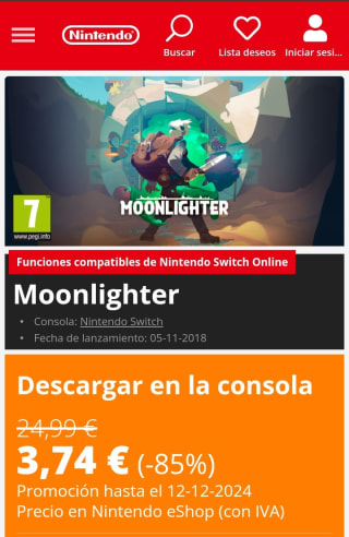 Moonlighter Nintendo Switch por 3,74€.