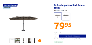Dubbele parasol incl. hoes 450 x 270 x 240 cm voor €79,95 in de Action webshop