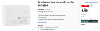 Smartwares Koolmonoxide melder FGA-1305 voor €5,99 bij Lidl