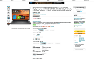Dell G15 5530 Ordenador portátil Gaming 15.6" FHD 120Hz Display, Intel Core i5-13450HX NVIDIA RTX 3050 6GB 16GB RAM 512GB por 699€