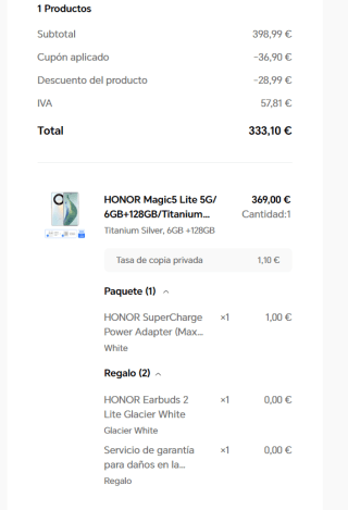 Móvil HONOR Magic5 lite 5G de 6GB/128GB + HONOR Earbuds 2 Lite + supercargador + 6 meses garantía pantalla por solo 333,10