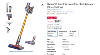 Dyson V8 draadloze steelstofzuiger voor €299 bij Amazon