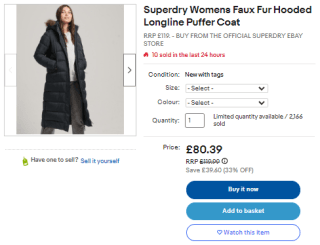 Procure a superdry women's faux fur hooded longline puffer coat from eBay for £32.20