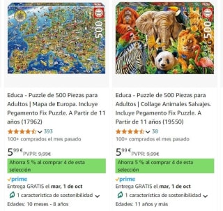 Recopilación puzzles de 500 piezas por 5,99€ y -5% dtoextra si compramos 4ud