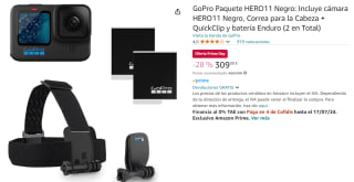 GoPro Paquete HERO11: Incluye cámara HERO11, Correa para la Cabeza + QuickClip y batería Enduro (2 en Total) por 309.9€