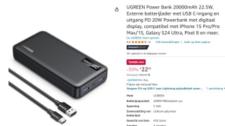UGREEN Power Bank 20.000mAh 22.5W voor €22,49 bij Amazon