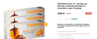 VIRGINIAS Pack x3 Rodajas de Naranja confitada bañadas en chocolate negro 75 g/caja por 3,99€