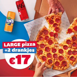 Large pizza en 2 drankjes voor €17 bij afhalen
