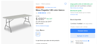 Mesa Plegable 1.80m por $691 | Descuento Mercado Libre