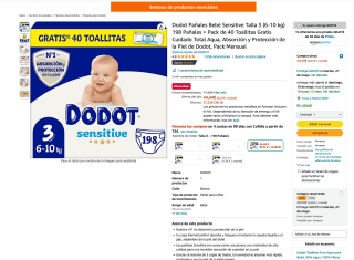 198 Pañales Dodot Pañales Bebé Sensitive Talla 3 6-10 kg y Pack de 40 Toallitas por 40€