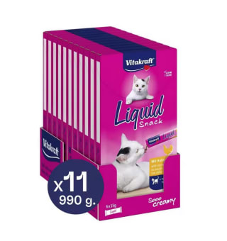 VITAKRAFT Cat Liquid Snack líquido para gatos Sabor pollo con taurina/ salmón con Omega 3 Pack 11x90g por solo 19,20€