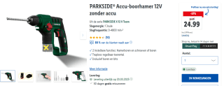 PARKSIDE Accu-boorhamer 12V zonder accu voor €24,99 bij Lidl