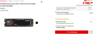 SAMSUNG Interne SSD-schijf 2 TB 990 Pro PCIe 4.0 NVMe M.2 (MZ-V9P2T0BW) voor €146,90 bij Mediamarkt