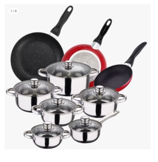 Pack De 3 Sartenes San Ignacio Ø16cm Ø20cm Ø24cm + Batería De Cocina De 12 Piezas En Acero Inoxidable por 34,96€.