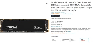 Carte SSD NVMe PCIe M.2 Crucial P3 Plus de 4 To à 220,82€