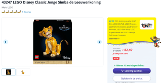 Lego Disney Jonge Simba de Leeuwenkoning 43247 voor €82,49 bij Toychamp