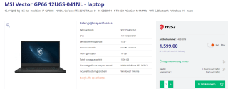 MSI Vector GP66 12UGS-041NL - laptop voor €1.599 bij Azerty