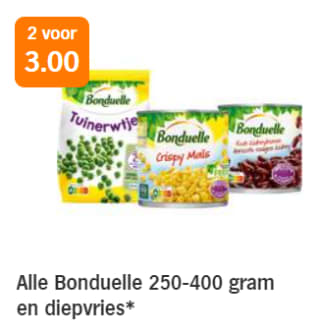 Alle Bonduelle 250-400 gram en diepvries* 2 voor €3 bij de AH
