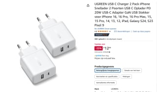 2 stuks UGREEN 20W USB-C/USB-A GaN Opladers voor€12,99 bij Amazon