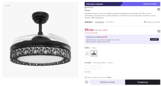 Ventilador de techo Jocca con plafón de 3 aspas transparentes con diámetro de 106 cm, con 6 velocidades, 3 opciones de luz por 56.49€