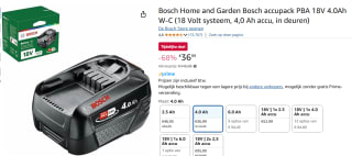 Bosch accupack PBA 18V 4.0Ah W-C nu voor €36,99 bij Amazon