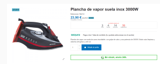 Plancha de vapor suela inox 3000W por 23,90€