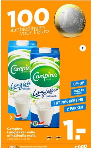 Campina houdbare melk 2 stuks voor €1 bij de Coop