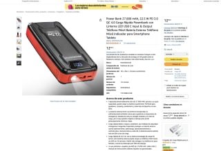 Power Bank 27.000 mAh 22.5 W PD 3.0 QC 4.0 Carga Rápida Powerbank con Linterna LED USB C Input & Output por 12,99€