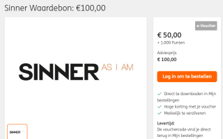 Sinner waardebon t.w.v. €100 voor €50 + 1000 ING punten