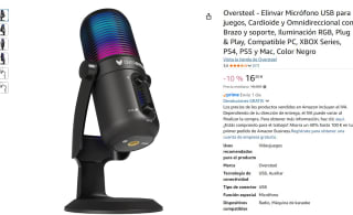 Oversteel - Elinvar Micrófono USB para juegos, Cardioide y Omnidireccional con Brazo y soporte, Iluminación RGB por 16,20€
