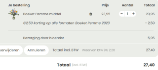 Topbloemen kortingscode voor €2,50 op het boeket Pemme