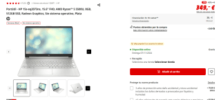 Portátil HP 15s-eq2073ns, AMD Ryzen 5 5500U, 8GB, 512GB SSD, Radeon Graphics por 349€