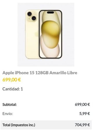 iPhone 15 128GB Amarillo por solo 699€