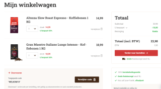 €10 welkomstkorting bij je 1e bestelling vanaf €30 bij Koffievoordeel