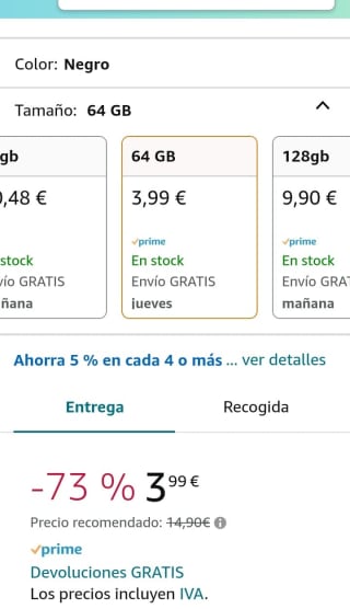 Pendrive 64GB USB Flash 3.0 por 3,99€.