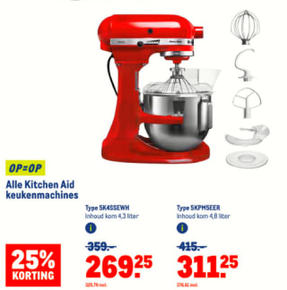 KitchenAid Keukenrobot - Keukenmachine Artisan met 300 Watt - 4,8 L, voor €325,75 bij de Makro