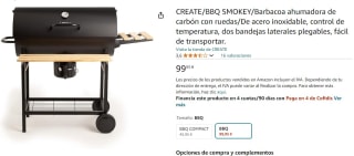 Barbacoa ahumadora de carbón con ruedas/De acero inoxidable, marca Create Bbq Smokey por 99,95€
