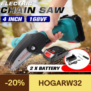 Motosierra Eléctrica Portátil Cortadora 4'' 1500W Mini y 2 Baterías recargable por 32,79€