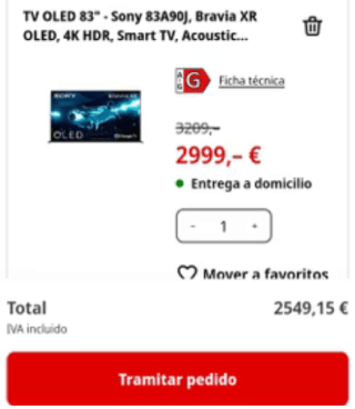 TV OLED 83" Sony 83A90J EX Panel + Disipador Google TV por 2,549,15€