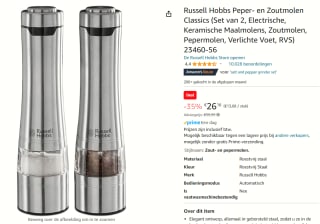 Russell Hobbs peper- en zoutmolen classics voor €26,16 bij Amazom