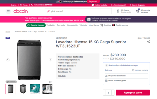 Lavadora Hisense WT3J1523UT15 Carga Superior de 15 Kg por $239.990