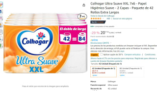 Colhogar Ultra Suave XXL 7x6 - Papel Higiénico Suave - 2 Capas - Paquete de 42 Rollos Extra por 14,50€