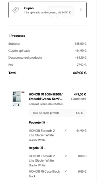 Móvil Honor 70 8GB 128GB + Earbuds 2 Lite + carcasa negra por 449€