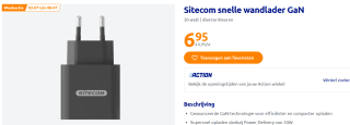 Sitecom snelle wandlader GaN 30 watt voor €6,95 bij de Action
