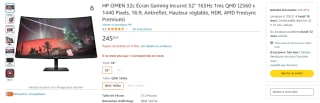 Écran 32" HP OMEN 32c - QHD - Freesync Premium - 165 Hz - Dalle VA - 1 ms - 1500R à 245,30€