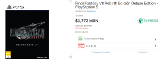 Final Fantasy VII Rebirth Deluxe Edition PS5 por $1,772 en Claro Shop