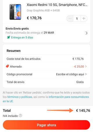 Xiaomi Redmi 10 5G de 4GB/64GB por 145,76€
