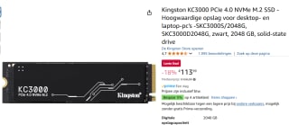 Kingston KC3000 PCIe 4.0 NVMe M.2 SSD SKC3000D2048G,voor €103,99 dmv code bij Amazon