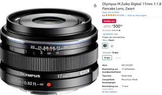 Olympus M.Zuiko Digital ED 17mm f/1.8 voor €300 bij Amazon